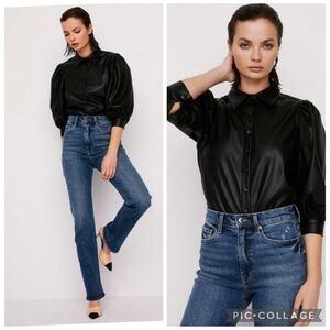 Pistola Adina Black Puff Sleeve Black Faux Leather Blouse Size S